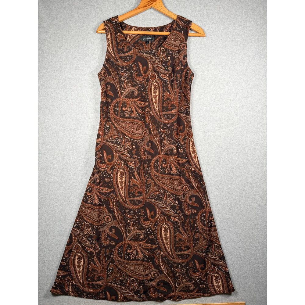 Vintage Studio I Women’s 12 Brown Paisley Sleeveless 47" Maxi Dress 3848